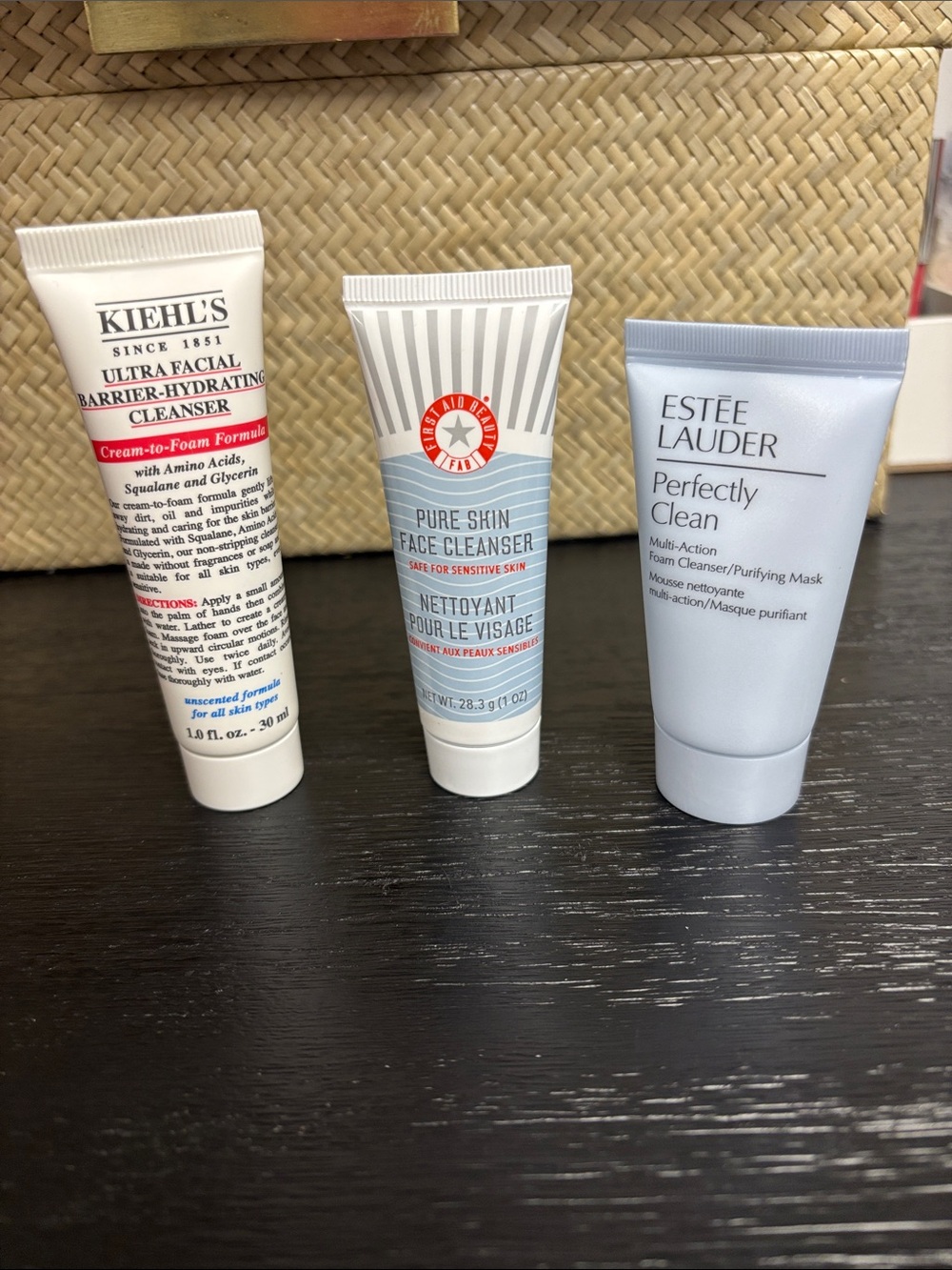 3pc travel facial wash- Estee Lauder Perfectly Clean, Kiehl’s, first aid beauty
